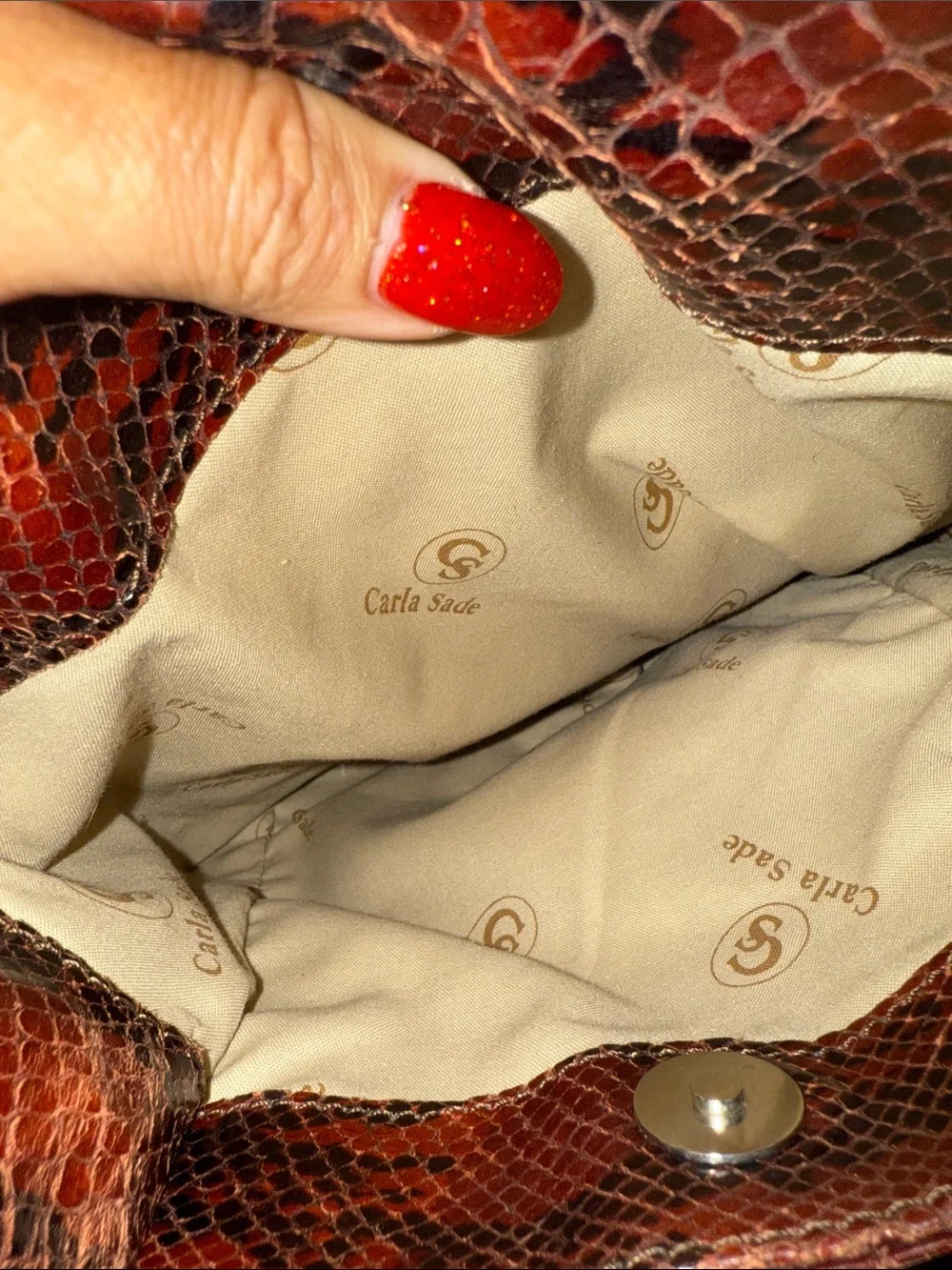 Vintage Carla Sade  Burgundy Snake-Print Shoulder Bag